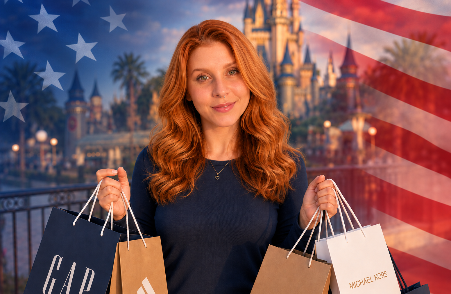 Jessica com sacolas de compras em Orlando